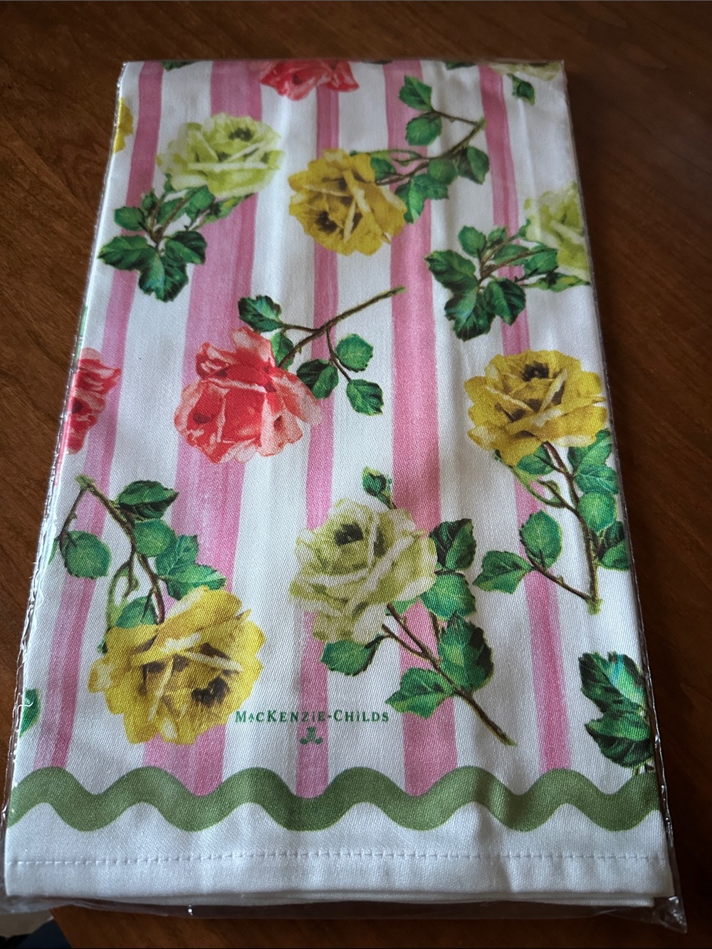 McKenzie-Childs Floral Stripe Dish Towel - Pink & Yellow Roses NWT - Picture 5 of 6